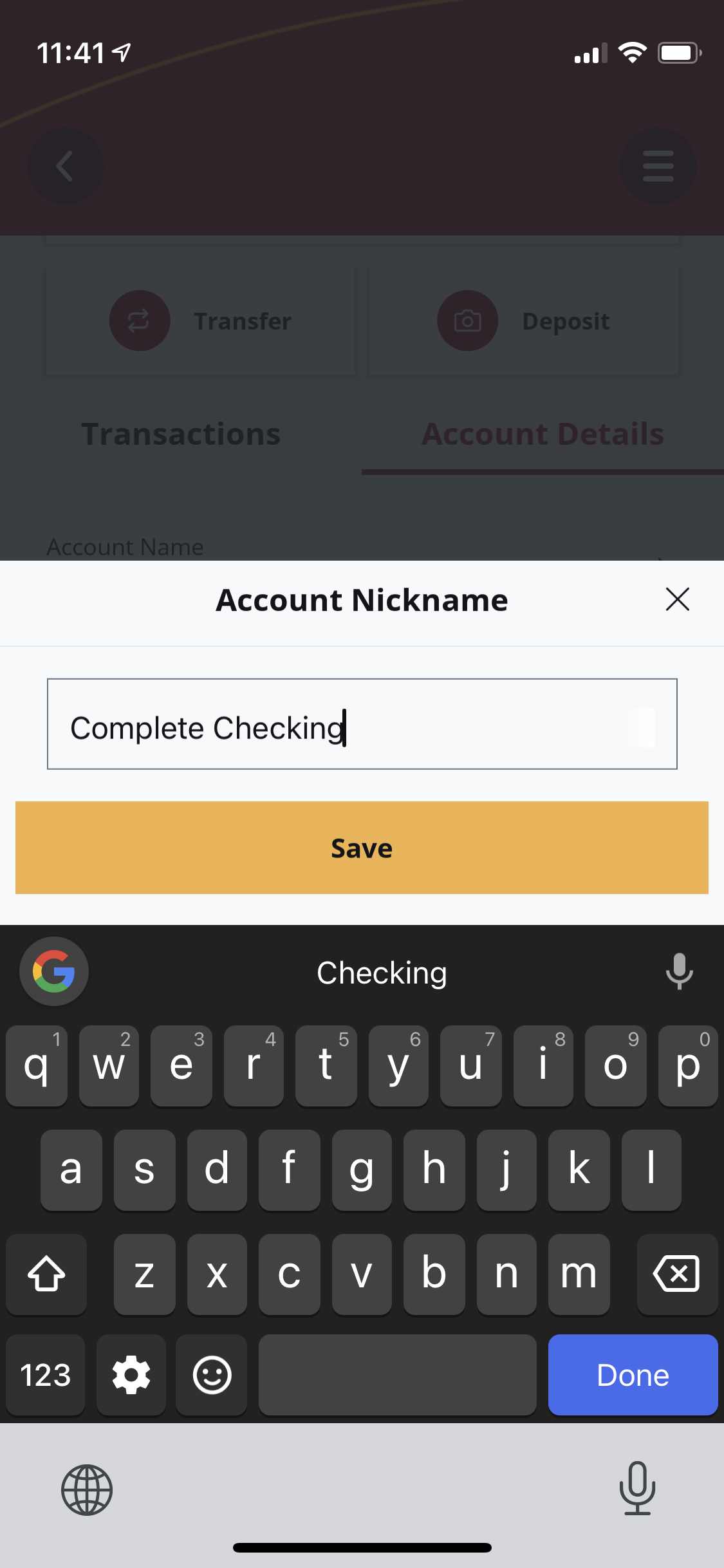Screen shot showing account nickname on mobile