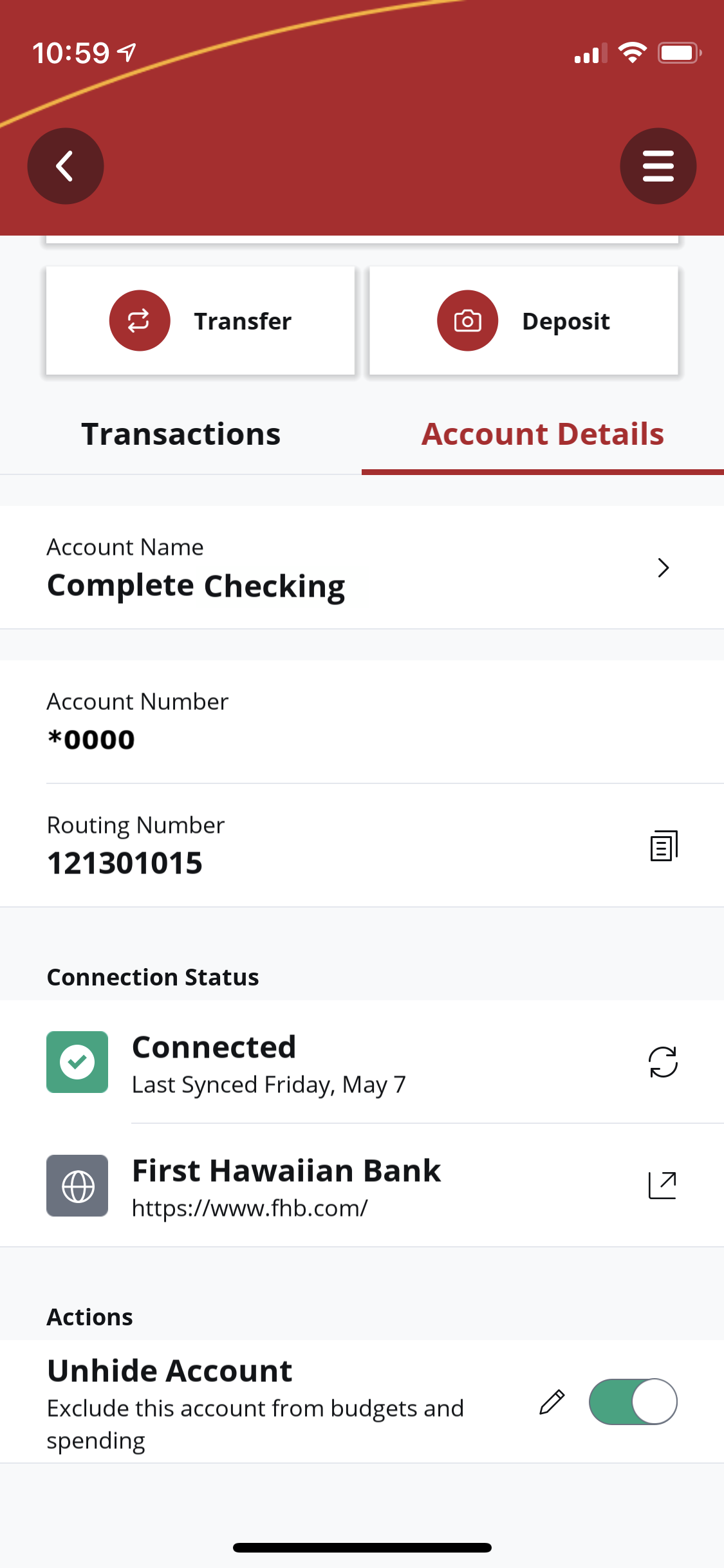 Screen shot showing Account Details