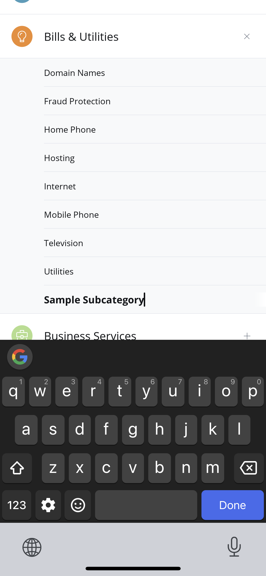 Screen shot showing adding a custom category