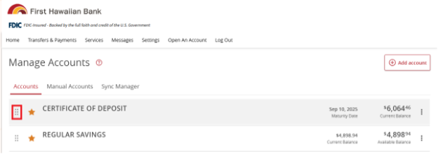 Screen shot showing Manage accounts screen highlighting 6 dot icon on the left of the account