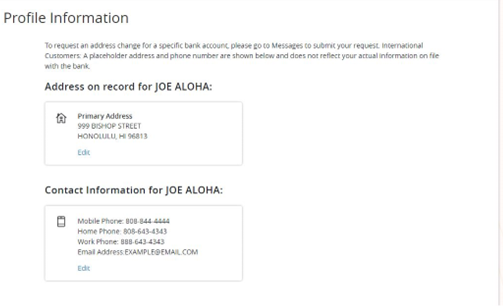 Screenshot of profile information with address shown