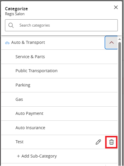 Categorize menu, Auto & Transport sub-menu, Test item with trash icon highlighted