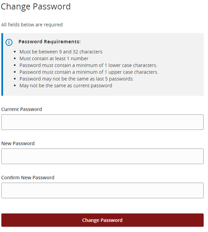 Change password screen showing Current password, new password, and confirm new password text fields