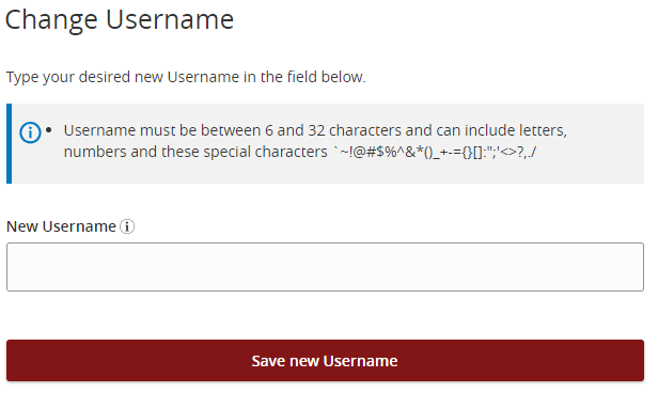 Change username screen showing New Username text field