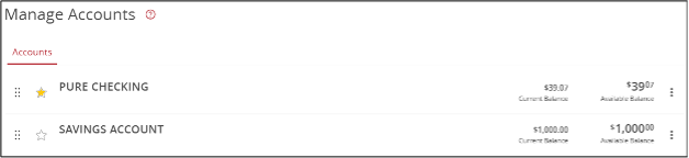 Manage accounts screen showing Pure Checking with yellow star and Savings Account with no yellow star