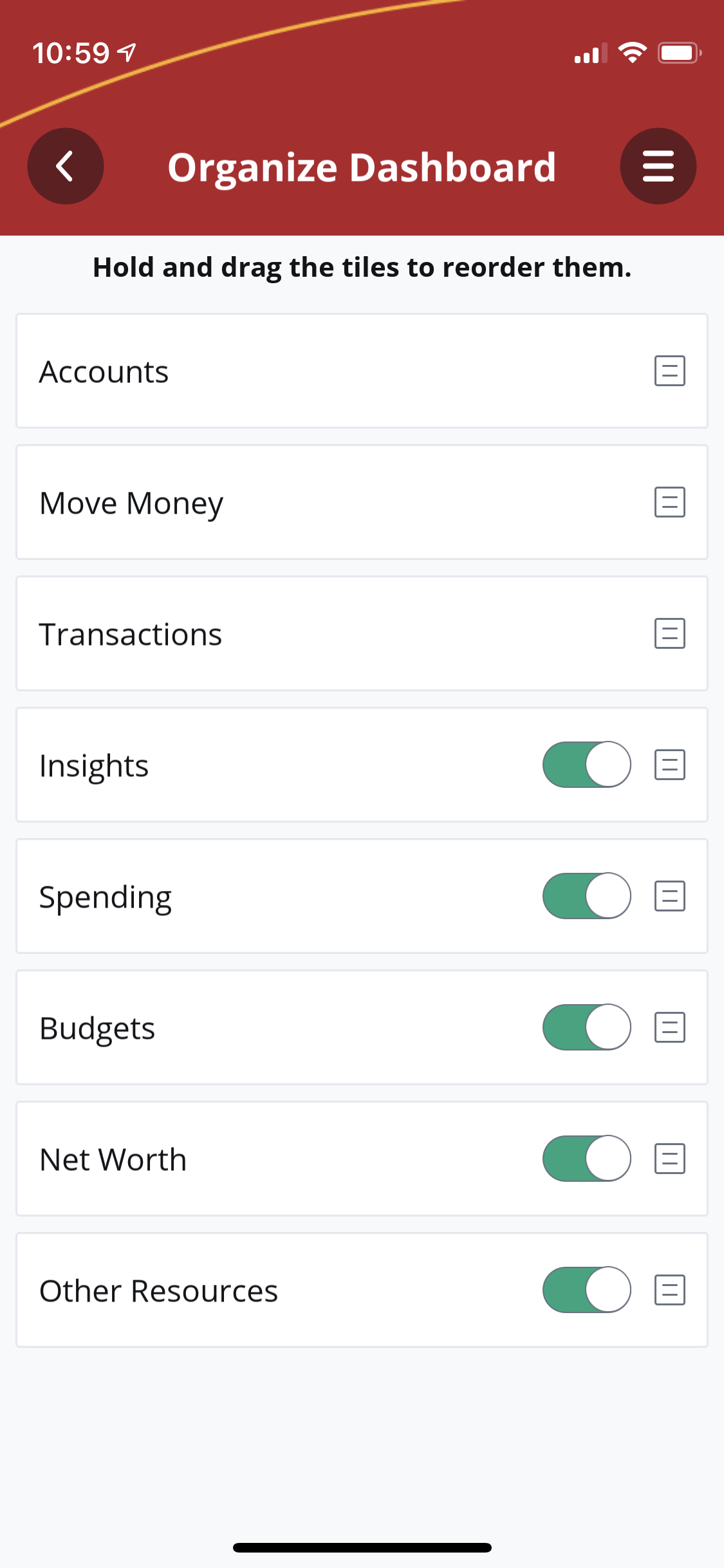 Screen shot showing organize dashboard